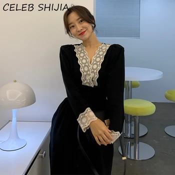 SHIJIA 2020 Nové Elegantné tvaru Žena Šaty Jeseň plná rukáv čipky elastický pás slim black vestido šaty žena kórejský móda