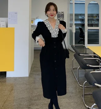 SHIJIA 2020 Nové Elegantné tvaru Žena Šaty Jeseň plná rukáv čipky elastický pás slim black vestido šaty žena kórejský móda