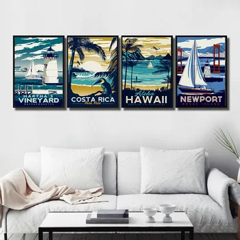 Maľovanie Cestovné Sveta Mesta Montauk Havaj Vintage Poster Mesto obrazov na Stenu pre Obývacia Izba Krajiny Maliarske Plátno