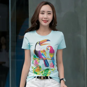 2020 lete nové kolo krku žien-krátke rukávy t-shirt ručné vyšívanie korálkami papagáj vzor T-shirt