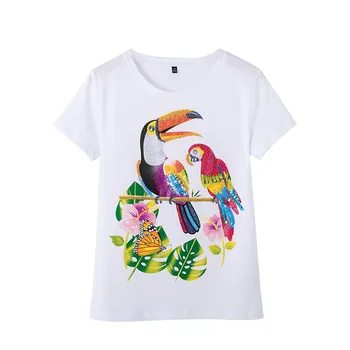 2020 lete nové kolo krku žien-krátke rukávy t-shirt ručné vyšívanie korálkami papagáj vzor T-shirt