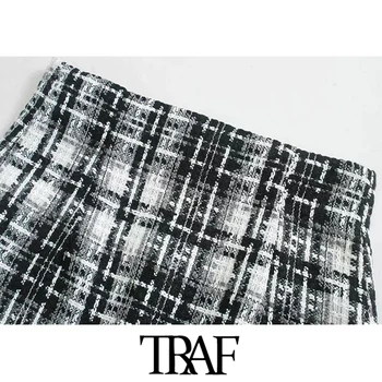 TRAF Ženy Elegantný Módy Office Nosenie Tweed Mini Sukne Vintage Vysoký Pás Späť na Zips Ženské Sukne Mujer