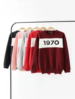 Street snap módne knitwear jeseň nové 1970 digitálna tlač dámy kontrast farieb sveter