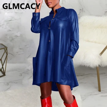 Ženy Plus Veľkosť Dlhý Rukáv Buttoned Vrecká Dizajn Voľné Style Mini, PU Šaty
