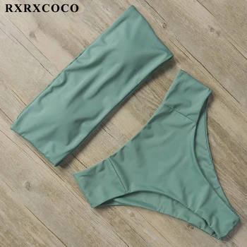 RXRXCOCO Bandeau Bikini Set Plavky Ženy Vysoký Pás Plavky, Bikiny Push Up Vytlačené Pláž Nosiť plavky 2019 Plávanie oblek