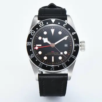 Pánske hodinky 41mm čierny rám zafírové sklo GMT Automatické mechanické Vojenské Športové Kožené luminou nepremokavé sterilné dial hodinky