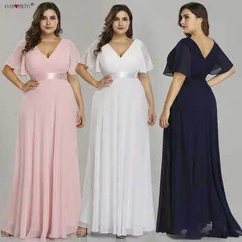 Plus Veľkosť Večerné Šaty Ever Pretty tvaru Nay Modrá Elegantné A-line Šifón Dlho Party Šaty 2020 Krátky Rukáv Príležitosti Šaty