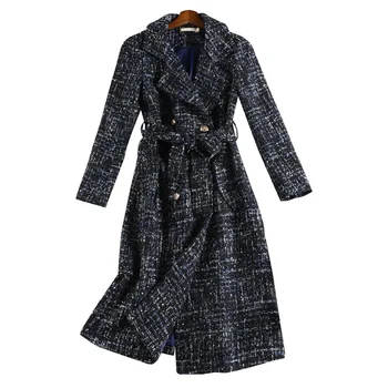 2019 jeseň zima ženy dlho tweed vlnené kabáty zase dole golier, dvojité breasted plus veľkosť vrchné oblečenie 4XL 5XL y473