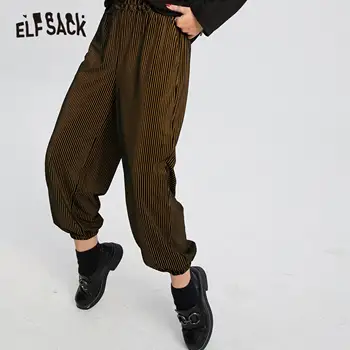 ELFSACK Colorblock Prekladané Rovno Bežné Ženy Hárem Nohavice,2020 Jeseň ELF Vintage Elastický Pás kórejský Dámy,Denne Nohavíc