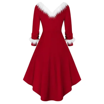Vianočné Šaty Žien Patchwork Umelú Kožušinu Panel Dlhý Rukáv V Krku Asymetrický Party Šaty Vestido De Navidad Plus Veľkosť Červené Šaty