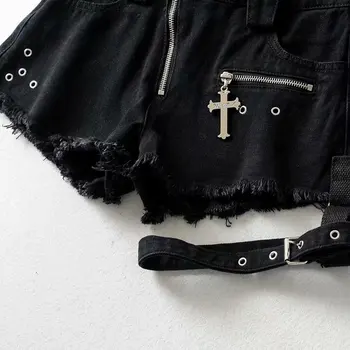 Punk Denim Šortky Ženy Tmavé Módne Gothic Girl Elegantné Zips Sexy Kríž Krúžok Visí Obväz Vysoký Pás Šortky Letné Móda