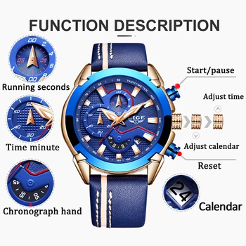 2019 LIGE Top Značky pánske Chronograf Analóg Quartz Hodinky Dátum Svetelný Nepremokavé Modrý Kožený Remienok Wristswatch pre Človeka Reloje