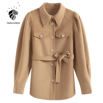FANSILANEN Bežné streetwear krátke vlny zmes kabát Ženy vrecko zosilnené vlnené bunda Zimná lístkového rukáv ročníka kabát 2020