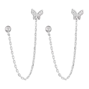 Skutočné 925 Sterling Silver Motýľ Dvojité Ucho Diery Drop Náušnice Pre Ženy, Jemné Šperky Cubic Zirconia Earings Módne Šperky
