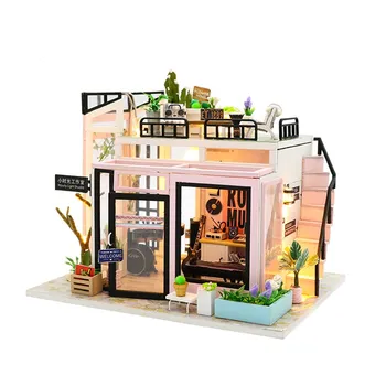 1:12 domček pre bábiky studio diy drevená bábika dom s rádio, bass príslušenstvo miniaturas dom kast nábytok auta casa de juguete