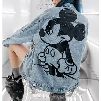 Ženy Mickey Mouse Denim Coats Disney 2020 Jeseň Jar Bunda Harajuku Oblečenie Kórejský Štýl Coats Módy Nové High Street Kabát