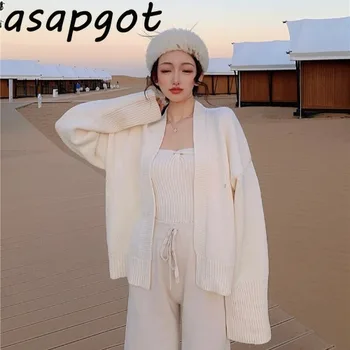 Temperament Voľné Biele Svetre Kórejský Elegantné, Elegantné Ružové Knitwear Topy Jeseň Nový Sveter Kabát Košieľka Bez Ramienok Móda