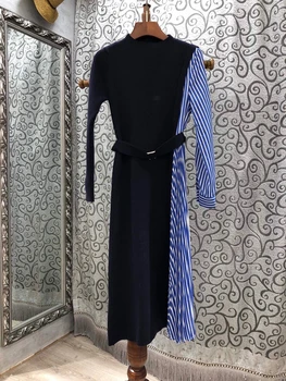 2020 jeseň a v zime novej dámskej módy kolo krku pletený nepravidelný farby zodpovedajúce šitie vytlačené pracky šaty 1108