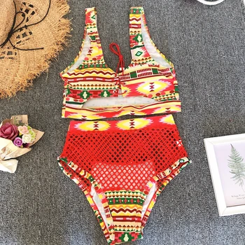 Sexy Africkej Tlače Remeň Vysoký Pás Bikini Set Push Up Plavky Ženy 2020 Obväz Plavky Oka Čipky Plavky Žena