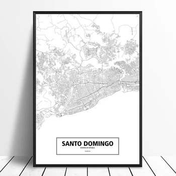 Santo Domingo V Dominikánskej Republike Čierna Biela Vlastný Svet Mape Mesta Plagát Plátno Tlačiť Nordic Štýl Wall Art Domova