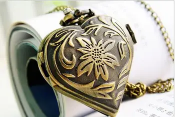 NOVÝ dizajn bronz srdce vzor kvety quartz starožitné vreckové hodinky náhrdelník ženy šaty hodinky darček 10pcs/veľa