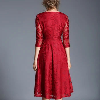 H han kráľovná Jeseň Čipky Šaty Práce Bežné Slim Módne O-krku Sexy Duté Von Modré Červené Šaty pre Ženy-line Vintage Vestidos