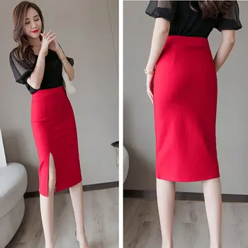 Faldas Mujer Moda 2020 Ženy Vysoký Pás Ceruzku Sukne Black Koleno Dĺžke Sexy Office Dámy Kórejský Bodycon Červené Sukne Plus Veľkosť