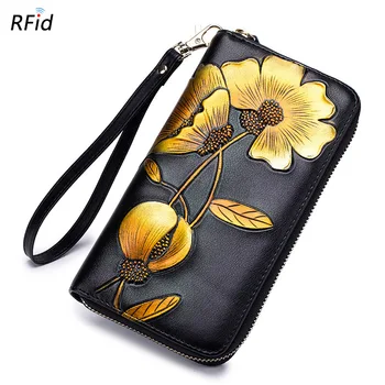 Móda ženy držiteľa karty split koža dlhý zips spojka kabelku veľkú kapacitu kvetov vytlačené lady kreditnej karty držiteľ