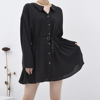 [EAM] Ženy Black Späť Obväz Skladaný Šaty Nové tvaru Dlhý Rukáv Loose Fit Módne Príliv Jar Leto 2021 1U40201S