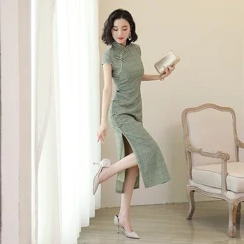 SHENG COCO Zelená Mreže Qipao Šaty Tencel Úsek Bielizeň Dlho Lady Cheongsam Elegantné Moderné Qi Pao Župan Oriental Shanghai Qi