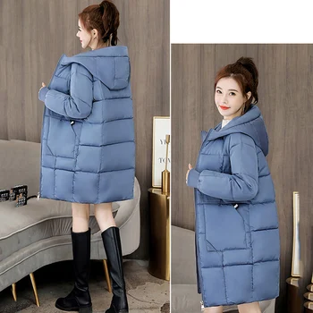 Dole bavlnená Bunda dámske dlhé 2020 Zimné Bundy kabát Nový kórejský voľné Chlieb potiahnuté Bavlna Bundy s Kapucňou Vetrovka Kabát