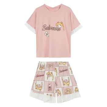 Ženy Anime Sleepwear Japonský Sailor Moon Cartoon Krátke Pyžamo Nastaviť Dievčatá Sladké Krátky Rukáv T košele, Šortky pijamas oblečenie pre voľný čas