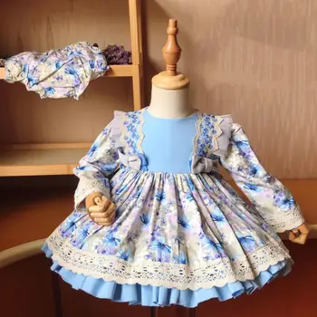 Jeseň zima španielsky Lolita dieťa Dievča, plesové šaty, šaty s čipkou, šitie dlhý rukáv roztomilé deti narodeninovej party princezná šaty