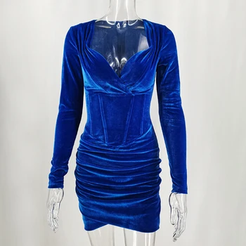 Karlofea Elegantné Zimné Velúrové Mini Šaty, Sexy V Krku Zábal Mini Šaty Modré Zamatové Vianočný Večierok Oblečenie Oblečenie Nové Šaty