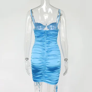 NewAsia Sexy Saténové Šaty Žien Modrá Backless Vystrihnúť Šnúrkou Ruched Slim Fit Bodycon Mini Šaty Club Party Oblečenie 2020