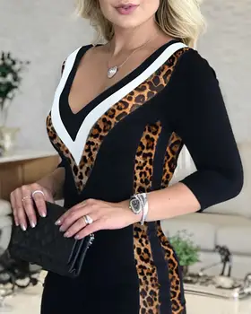 Sexy Colorblock Gepard Tlač Pruhované Šaty Dlhý Rukáv Dámske Elegantné Tvaru Čierne Mini Party Šaty