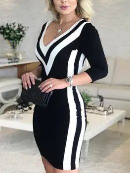 Sexy Colorblock Gepard Tlač Pruhované Šaty Dlhý Rukáv Dámske Elegantné Tvaru Čierne Mini Party Šaty