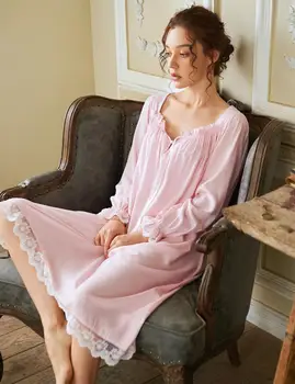【Doprava zadarmo] vyzýva BAVLNA Čipky Nightgown Romantický Sleepwear Európsky Štýl Nighty Vintage Šaty Odev(S~XL) CP212S