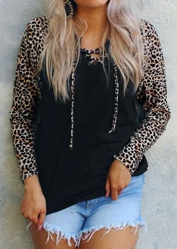 Plus Veľkosť Žena Leopard Tlačených Spojov Čipky Jar Jeseň Dlhý Rukáv leopard tričko 90. rokov camiseta mujer Nové