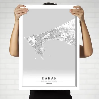 Senegal Tvorivé mape mesta Dakar Abstraktné Plátne Obrazy Čierne a biele Steny Umenia, Tlače, Plagát, Obraz, Domáce Dekorácie Maľovanie