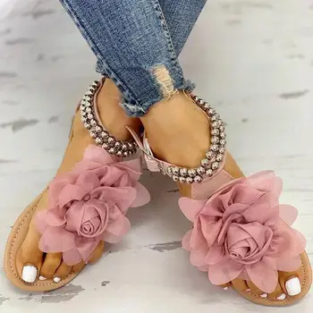 Sandále dámske Topánky 3D Kvetinovým Dámy Letné Sandále Ploché Topánky String Perličiek Flip Flops Sandalias Mujer 2020 Plus Veľkosť EU34-43