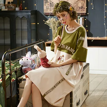 NOVÉ Nightdress dámske letné módy voľné-Krátke Rukávy kórejský bavlna nightgownmedium dĺžka sleepwear Plus-veľké domáce oblečenie