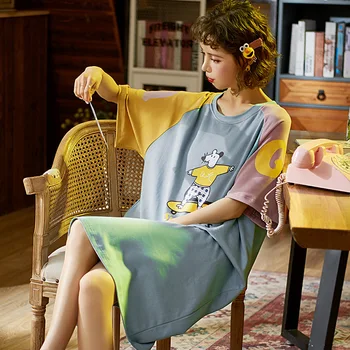 NOVÉ Nightdress dámske letné módy voľné-Krátke Rukávy kórejský bavlna nightgownmedium dĺžka sleepwear Plus-veľké domáce oblečenie