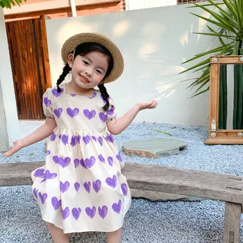 Nové 2020 Lete kórejský Štýl, Baby, Dievčatá Milujú tlačené Šaty Cute Lístkového Rukáv Batoľatá deti Štvorcových Golier Šaty