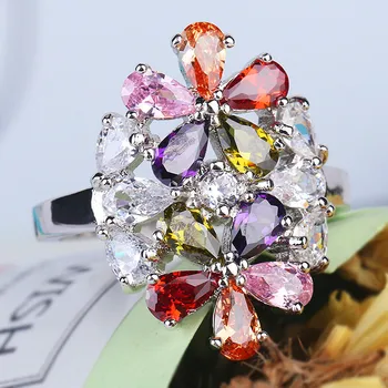 Luxusný Veľký Rainbow Kvet Krúžok Boho Žena Strany Krúžok Sľub Zásnubné Prstene Pre Ženy, Svadobné Kapela Módne Šperky