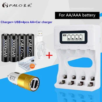 PALO Smart USB Nabíjačku S LCD Displejom Pre AA AAA NI-MH, NI-CD Rechargerable Batérie + 4pcs AA 1.2 V batérie + a adaptér do auta