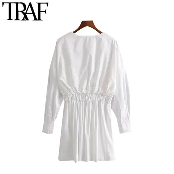TRAF Ženy Chic Fashion White Zábal Mini Šaty Vintage Crossover V Krku Dlhý Rukáv Elastický Pás Ženské Šaty Vestido