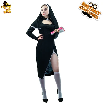 Dievčatá Roleplay Sexy Mníšky Kostým Ženy Karneval Cosplay Kňaz Čierne Šaty s Headpiece Halloween Dospelých Fantázie Kariéru Vyhovuje