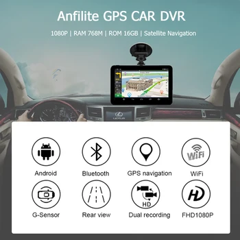 Anfilite 7 palcový Kapacitný Android GPS DDR 768M 16GB auta DVR s GPS Navigátor, pomlčka cam duálne kamery 1080P truck nahrávač