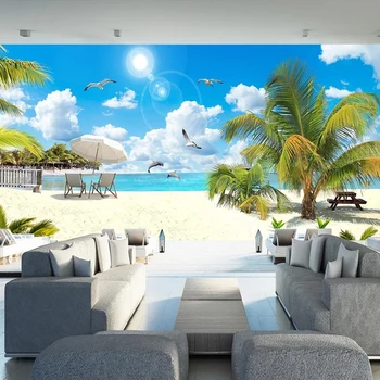Vlastné 3D Fotografie Tapety Modrá Obloha, Biele Oblaky Piesočnatá Pláž Coconut Tree Seascape Obývacia Izba, Spálňa Vymeniteľné Nálepky nástenná maľba
